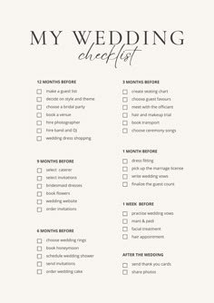 the wedding checklist is shown in black and white