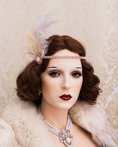 Stunning 1920s Art Deco style inspired feather flapper headband for Great Gatsby costume party. . Made with gray and blush ostrich feathers and a bleached peacock feather and rose gold crystal embellishments, also available in silver color. This hair piece can be made on rhinestone headband, satin ribbon, elastic band or an alligator clip. Please let us know on which side you are panning to wear it. Fast turnaround time, ships within 2 business days. For rush orders please choose priority class Gatsby Style Feather Headband, Vintage Adjustable Feather Headpieces, Vintage Adjustable Headpieces With Feathers, Adjustable Vintage Headpieces With Feathers, Gatsby Style Feather Headpieces For Vintage Events, Adjustable Flapper Headpiece With Feathers, Gatsby Style Headpieces For Costume Party, Adjustable Feather Headpiece For Vintage Events, Flapper Style Feather Headpiece For Vintage Events