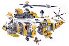 a drawing of a helicopter with parts cut out