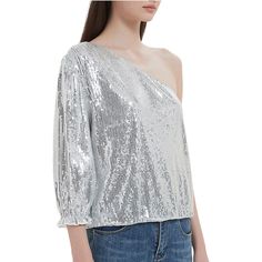 Elevate your style with our Summer Sparkle Sequins One Shoulder Top. This blouse features all-over sequins, an off-shoulder design, and elastic cuffs, providing a cute and stylish look perfect for any occasion. Glamorous Sparkling Tops For Fall, Sparkling Long Sleeve Tops For Party Season, Summer Party Sparkling Tops, Sparkling Summer Party Tops, Glamorous Sparkling Tops For Summer, Glamorous Glitter Tops For Summer, Evening Glitter Tops, Sparkling Tops For Holiday Night Out, Sparkling Tops For Night Out And Holiday Season