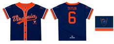 an orange and blue baseball jersey with the number 6 on it, next to another shirt