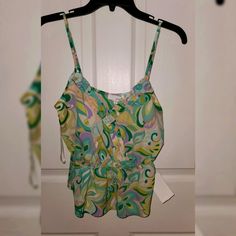 New With Tags Purple Cami Top For Summer, Multicolor Cami Top For Vacation, Green Cami Blouse For Spring, Chic Purple Printed Tops, Multicolor Cami Top For Spring, Purple Printed Tops For Spring, Purple Tank Top For Spring Day Out, Purple Printed Summer Top, Summer Printed Purple Tops