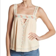 S 4/6 Approximately 26-In. Length Pullover Square Neck With Keyhole Cutout Sleeveless Tank Top Lining Imported Material & Care 100%Cotton Hand Wash Floral Embroidered Tank Top For Spring, Embroidered Tank Top For Summer, Summer Bohemian Embroidered Beige Top, Spring Floral Embroidery Tank Top, Beige Bohemian Embroidered Top For Summer, Casual Beige Embroidered Summer Top, Summer Beige Bohemian Embroidered Top, Cotton Cami Tank Top With Floral Embroidery, Sleeveless Spring Embroidered Top With Floral Embroidery