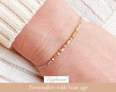 Your 18th birthday gift for her will be unique with this Morse Code bracelet which will come in the color combination shown in the photos.   However YOU get to pick what age personalization you would like the morse code piece to say!   Looking for more colors?  Click this link to see more. ------>> www.timelesselegance3.etsy.com ) <--------  See below for details on how to personalize this Morse Code piece. ----------------------------------------------- Morse code is a way of sending messages t Hypoallergenic Beaded Bracelets For Birthday, Hypoallergenic Beaded Bracelets For Birthdays, Gold Beaded Bracelets For Birthday, Hypoallergenic Beaded Bracelets For Mother's Day Birthday Gift, Hypoallergenic Beaded Bracelets For Anniversary, Adjustable Beaded Bracelets For Anniversary On Mother's Day, Morse Code Bracelet, 18th Birthday Gifts, Morse Code