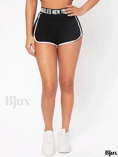 Bjux - Chic High-Waisted Contrasting Trim Shorts with Letter Tape Detail, Perfect for Casual and Sporty Looks, Womens Apparel Trendy Elastic Fit Short Bottoms, Trendy Elastic Short Bottoms, Trendy Elastic Shorts, Trendy Short Bottoms With Elastic Fit, Trendy Workout Bottoms With Elastic Waistband, White Elastic Short Bottoms, Sporty Looks, Womens Apparel, Contrasting Trim