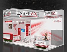 an exhibit stand with a woman sitting on the bench in front of it, displaying laserrax's latest products