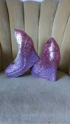 Bubble gum pink and lavender wedge high heels.  by GlamAndGloryLab Pink Glitter High Heel Heels, Purple Glitter High Heels, Pink Open Toe Heels With Glitter Accents, Dressup Ideas, Hand Painted Heels, Princess Wardrobe, Wedge High Heels, Galaxy Shoes, Bff Shirts