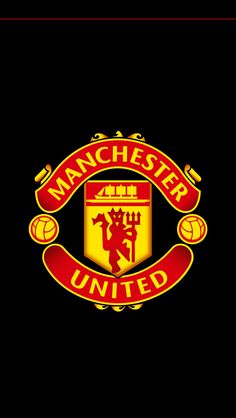 the manchester united logo is shown in red and yellow on a black background with gold accents