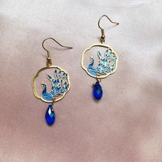 Blue Peacocks with Blue Crystals or Tassels Gold Plated Dangled Drop Earrings, Handmade Earrings, Bird Lover Gift Grape Earrings, Deco Blue, Bird Lover, Blue Jewelry, Threader Earrings, Peacock Blue, Peacocks, Earrings Photo, Bird Lovers