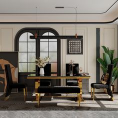 an elegant dining room with black and gold furniture