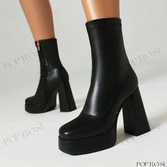 Black Waterproof Platform Chunky Heel High Heel Ankle Boots Black Waterproof Platform Boots For Fall, Waterproof Black Platform Boots For Fall, Chunky Platform High Ankle Heeled Boots, High Ankle Chunky Platform Heeled Boots, Waterproof Ankle-high Platform Boots For Fall, Ankle-high Polyurethane Platform Boots, Polyurethane High Ankle Heeled Boots With Chunky Platform, Platform Ankle-high Heeled Boots In Polyurethane, Fall Chunky Platform Polyurethane Boots