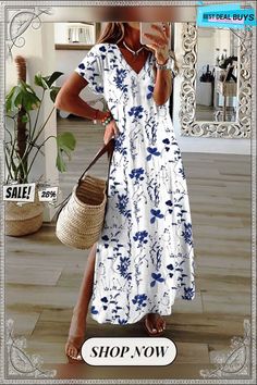 Women's Long Dress Maxi Dress Casual Dress A Line Dress Print Dress Flower Fashion Streetwear Daily Date Vacation Split Print Short Sleeve V Neck Dress Regular Fit Blue Spring Summer S M L Xl Xxl V-neck Printed Beach Dress For Spring, Printed V-neck Maxi Dress For Beach Season, Casual V-neck Floral Print Maxi Dress, Cheap Floral Print V-neck Dress For Beach, Blue Floral V-neck Dress For Vacation, Blue Printed V-neck Beach Dress, Maxi Dress Casual, Womens Long Dresses, Blue Spring