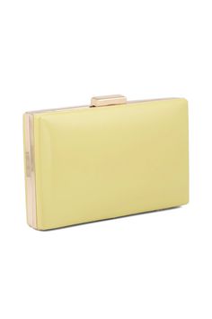 This yellow clutch is made with the recangular frame, having leather overall and then set over a clasp lock at front. Luxury Yellow Rectangular Box Bag, Formal Yellow Bags With Gold-tone Hardware, Classic Yellow Evening Bag, Classic Rectangular Clutch With Gold-tone Hardware, Chic Yellow Box Bag For Evening, Chic Yellow Rectangular Clutch, Chic Yellow Clutch For Formal Occasions, Chic Yellow Evening Box Bag, Formal Rectangular Box Bag With Magnetic Closure