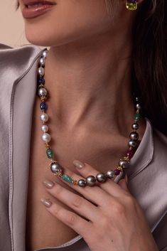 Verdura pearl emerald sapphire beaded necklace in yellow gold. 18K Yellow Gold, White Gold South Sea Pearls, Tahitian Pearls, Emerald, Ruby Sapphire, Diamond, Byzantine 18" L