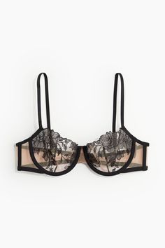 Balconette bra in sheer mesh with delicate embroidery. Adjustable shoulder straps  unlined underwire cups for natural shape and light support  and boning in sides. Hook-and-eye fasteners at back. Lace Bra Outfit, Bra And Brief Sets, Metal Bra, Lookbook Casual, Bra Outfit, Beauty Gift Card, Mesh Bra, Swimwear Trends, Black Lace Bra