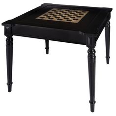 a black table with a chess board on it's top and two legs, in front of a white background