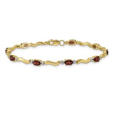 Introducing our stunning 14k yellow gold diamond garnet bracelet for her - the perfect gift for any occasion! This luxurious gemstone bracelet for women features a dazzling combination of diamonds and garnets, set in fine gold for a truly elegant look. Whether you're looking for an anniversary gift or a birthstone bracelet, this piece is sure to impress. Our women's jewelry collection is designed to offer the finest quality and craftsmanship, making this gold and gemstone bracelet a true investment piece. Shop our range of fine jewelry today and discover the perfect luxury bracelet for her! Gold Garnet Jewelry With Diamond Accents, Elegant Garnet Jewelry With Diamond Accents, Elegant Garnet Gemstone Bracelets, Elegant Garnet Gemstone Bracelet, Diamond Red, Bracelet For Her, Luxury Bracelet, Garnet Bracelet, Birthstone Bracelet