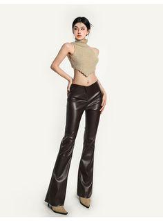 Low Waist Leather Pants, Flared Leather Pants Outfit, Leather Pants Y2k, Spring Outfits For School, Coffee Color, Leather Trousers, Coffee Colour, Type Of Pants, Low Waisted