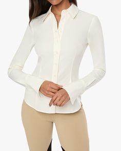 Active Button Down Shirt Fitted Solid Color Blouse With Placket, Fitted Sleek Shirt For Fall, Fitted Business Blouse With Placket, Sleek Fitted Shirt For Fall, Fitted Spread Collar Blouse For Fall, Fitted Blouse With Placket For Business, Sleek Fitted Fall Shirt, Fitted Blouse With Spread Collar For Fall, Fitted Blouse With Shirttail Hem