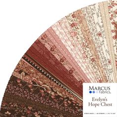 an assortment of fabrics with different colors and patterns on the front, including red, brown,