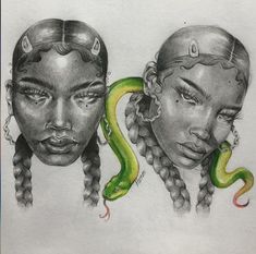 two girls with braids and one has a green snake on her head in front of them