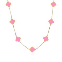 The clover necklace is our go-to piece to add to any look! Available in three sizes and tons of gemstone options. Dress it up with a cocktail dress & heels, or dress it down with your comfiest loungewear. Either way, you'll be classic chic!14K Yellow Gold7 Bubblegum Pink CloversEach clover measures: 10 millimeters - 0.40 inchAdjustable Chain Length: 16-18 inchesThis piece is identical on both sides Lobster Clasp window.SHOGUN_IMAGE_ELEMENTS = window.SHOGUN_IMAGE_ELEMENTS || new Array(); window.S Cheap Pink Charm Necklaces, Preppy Clover Necklace, Clover Necklaces, Pink Fun Style Charm Necklace, Playful Pink Charm Necklaces, Pink Vans, Instagram Gift, Preppy Jewelry, Bff Necklaces