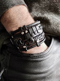 Black Steampunk Leather Bracelet, Men's Wrap Rock Leather Bracelet, Studded Adjustable Rock and Roll Leather Bracelet, Black Gothic Jewelry - Etsy Punk Leather Wristband For Festivals, Punk Style Leather Wristband For Festivals, Punk Leather Strap Bracelets, Gothic Adjustable Leather Bracelet, Punk Leather Jewelry With Black Band, Adjustable Leather Punk Wristband, Punk Style Leather Jewelry With Black Band, Black Leather Punk Jewelry, Black Metal Festival Bracelets