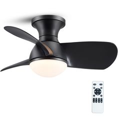 a black ceiling fan with remote control