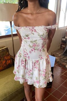 Floral Mini OTS Dress Pink And White Floral Dress, Floral Off Shoulder Dress, Floral Dress White, Straight Across Neckline, White Floral Dress, Pink Floral Dress, Romper With Skirt, Dance Dresses, Amazing Women