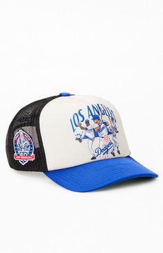 Show your Dodgers pride in style with the LA Dodgers Trucker Hat from Mitchell & Ness. This hat features a mesh backing for breathability, a vibrant colorblock design with an LA Dodgers front graphic, a curved brim, and an adjustable snapback for a comfortable fit.Colorblock hatMesh backingCurved brimLA Dodgers graphicMitchell & Ness embroideryAdjustable snapback Mitchell & Ness Mens LA Dodgers Trucker Hat - White Vintage Jerseys, Sports Lover, Sports Apparel, Team Apparel, Mitchell & Ness, Fitted Hats, Pacsun, Sport Outfits, Hats For Men