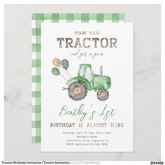 a tractor birthday party with green gingham checkered tablecloth and white background