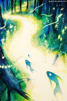 a painting of two people walking down a path in the woods with lights on them