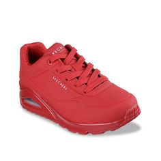 Skechers-Street Uno Stand On Air Sneaker Classic air-cushioned style meets updated comfort in the Skecher Street Uno Stand On Air athleisure shoe. A smooth synthetic upper, Air Cooled Memory Foam insole, and visible air cushioned midsole embolden the look of these modern sneakers that feature all one color for modern styling. Red Slip-resistant Synthetic Sneakers, Red Sneakers With Arch Support For Sports, Red Sports Sneakers With Arch Support, Red Sporty Sneakers With Arch Support, Red Sports Sneakers With Gel Cushioning, Casual Synthetic Sneakers With Gel Cushioning, Athleisure Shoes, Women Street, On Air