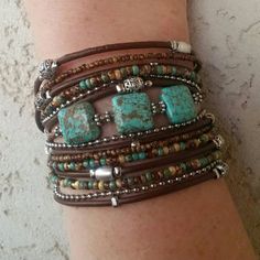 Boho Multi Strand Leather Wrap Bracelet Turquoise by DesignsbyNoa: Southwestern Brown Bracelets, Turquoise Hand-wrapped Hippie Beaded Bracelets, Adjustable Turquoise Bohemian Wrap Bracelet, Adjustable Bohemian Turquoise Wrap Bracelet, Turquoise Hand Wrapped Bracelets For Festivals, Adjustable Turquoise Wrap Bracelet For Festival, Bohemian Brown Bracelets, Turquoise Bohemian Wrap Bracelet For Beach, Handmade Turquoise Hippie Bracelets