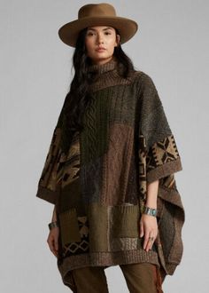 Boho Grandma, Ralph Lauren Patchwork, Poncho Pullover, Decorative Stitches, Greg Lauren, Turtleneck Poncho, Olive Tan, Recycled Sweaters, Capes & Ponchos