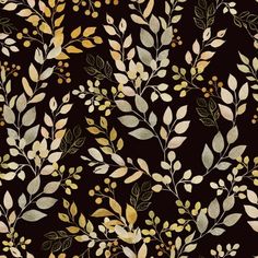 a black and gold wallpaper with leaves on it's backgroung