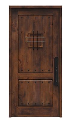 a wooden door with a metal handle on the front and side panel, which is made out of wood