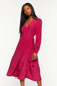 Surplice Long-Sleeve Wrap Midi Dress Chic Solid Midi Dress With Surplice Neckline, Chic Midi Dress With Surplice Neckline, Chic Solid Color Midi Length Wrap Dress, Chic Solid Color Midi Wrap Dress, Fall V-neck Midi Dress With Tie Waist, Long Sleeve Belted Dress With Tie Waist For Work, Belted Long Sleeve Dress With Tie Waist For Work, Belted Long Sleeve Dress For Work, Midi Length Wrap Dress For Work