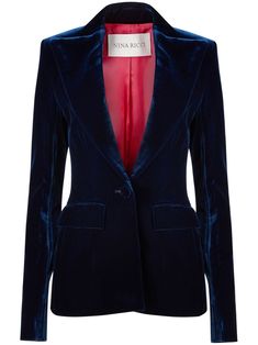 midnight blue wide peak lapels fitted waistline button fastening buttoned cuffs two front flap pockets Velvet Blazer Women, 2024 Wardrobe, Blazer Blue, Navy Velvet, Yoko London, City Dress, Velvet Blazer, Velvet Jacket, Breasted Blazer