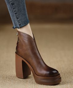 Brown High Heels Chunky Boots Cowhide Leather Handmade ZipperedMade of:-Cowhide Leather Upper.-Rubber sole- cushioned insole.3.93"/10cm Chunky Heel Brown High Heels, Heels Chunky, Pointy Toe Heels, Shoes Heels Wedges, Chunky Boots, Leather Zipper, Chunky Heel, Shoes Heels Boots, Chunky Heels