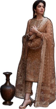 Pakistani Wedding Dress in Kameez Trouser Dupatta Style Dupatta Style, Raw Silk Fabric, Pakistani Wedding Dress, Silk Trousers, Net Dupatta, Trouser Style, Pakistani Wedding, How To Dye Fabric, Embellished Dress