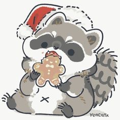 a raccoon eating a piece of food wearing a santa hat