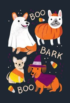 three dogs wearing halloween costumes with the words boo, bark and boo