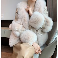 Real Fox Fur On Real Sheepskin Leather Available In Size S Only Brown Available Elegant Beige Leather Jacket For Winter, Winter Leather Fur Coat In Mink Color, Elegant Leather Fur Coat For Winter, Elegant Mink-colored Leather Outerwear, Luxury Beige Sheepskin Fur Coat, White Fur Coat, Fox Fur Jacket, Fur Leather Jacket, Real Fur Coat