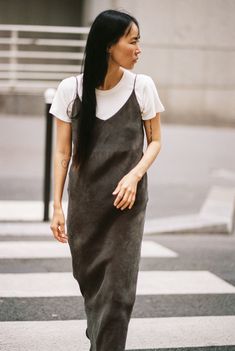 Anaise Slip Dress, Japanese Cupro, Walnut | OZMA Layering A Slip Dress, Dress Over Long Sleeve Shirt, Spaghetti Strap Dress With Shirt Under, Strap Dress With Shirt Under, 90s Slip Dress Outfit, Dress Over Long Sleeve, Silk Slip Dress Outfit, Slip Dress Layering, Shirt Under Dress