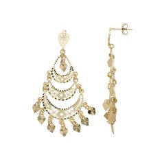 Accessorize with festive flair when you wear these 10k gold chandelier earrings.Click on this JEWELRY & WATCHES GUIDE to learn about fit, styles, materials and more! Metal: 10k gold Backings: post Packaging: boxed Finish: polished, textured Length: 56 mm Please note, due to the high value of this item, a signature may be required upon delivery. Size: One Size. Color: Yellow. Gender: female. Age Group: adult. Elegant Drop Chandelier Earrings For Festive Occasions, Festive Chandelier Drop Earrings With Elegant Design, Festive Elegant Chandelier Drop Earrings, Fine Jewelry Chandelier Earrings With Diamond Cut, Gold Fine Jewelry Chandelier Earrings For Anniversary, Gold Chandelier Earrings For Anniversary, Yellow Gold Chandelier Earrings For Wedding, Festive Chandelier Earrings With Elegant Design, Fine Jewelry Festive Dangle Earrings