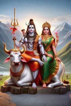 the god and his cow are sitting in front of some mountains with their heads turned to look like they have horns