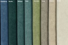 six different colors of fabric with the names of them in white, green, blue, and grey