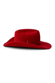 This updated version of our Vision cowboy style features a self-fabric band with a scalloped edge, sealed with a round silver stud. Still made with a center crease, and a flanged brim. Each hat is carefully crafted by hand in our Stockholm studio. Red Western Fedora For Kentucky Derby, Red Western Fedora With Short Brim, Western Style Red Fedora With Short Brim, Red Western Hat For Kentucky Derby, Red Fedora With Curved Brim For Rodeo, Red Hats For Rodeo And Kentucky Derby, Fitted Red Western Felt Hat, Classic Red Felt Hat For Fall, Red Curved Brim Fedora For Rodeo