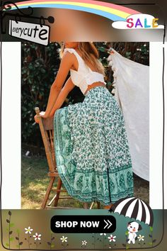 Green Floral Print Elastic Waist Pocket Midi Skirt Summer Bohemian Flared Maxi Skirt, Bohemian Flared Maxi Skirt For Summer, Green Skirt Bottoms For Summer, Bohemian Flared Skirt Bottoms For Summer, Green Flared Maxi Skirt For Summer, Flowy Green Maxi Skirt For Summer, Green Skirt For Summer, Bohemian Flared Skirt For Summer, Hippie Style Mini Wrap Skirt For Summer